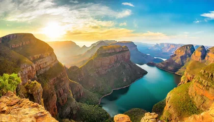 Zelfklevend Fotobehang blyde river canyon blue lake three rondavels and god s window drakensberg mountains national park panorana on beautiful sunset light background top view south africa mpumalanga province © Irene