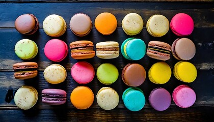 top view of colorful macaroons on a black wooden table luxury and decadent bakery shop commercial