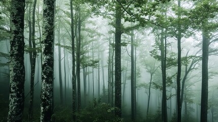 trees next to each other in the forest covered by the creeping mist   