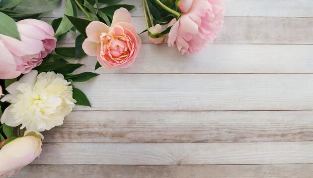 flowers peonies and roses soft pastel color on wooden background beautiful composition valentine s day easter birthday happy women s day mother s day view copy space