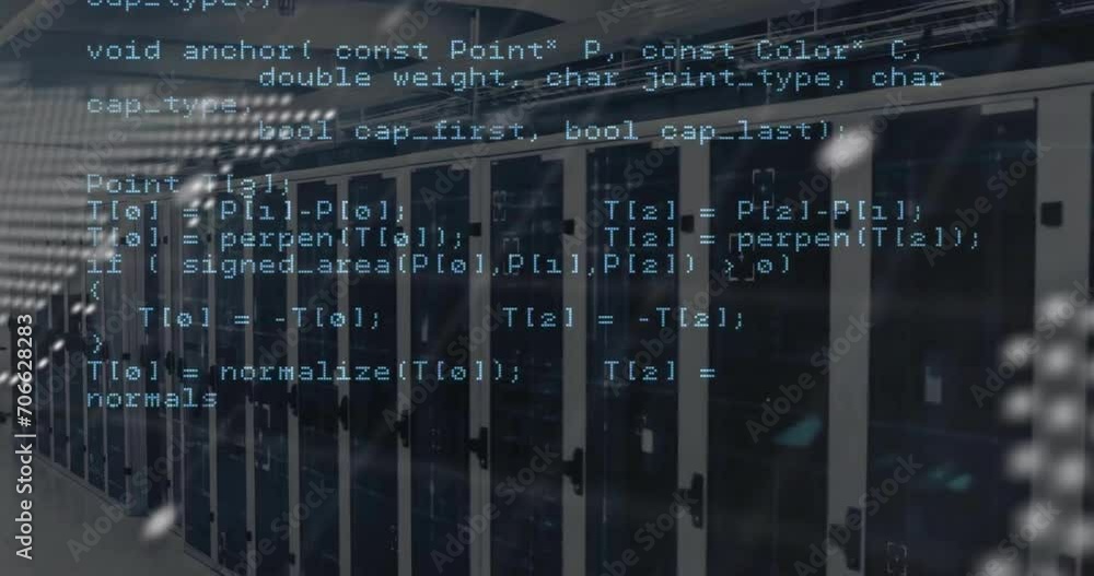 Aufkleber animation of world map and coding data processing over computer server room