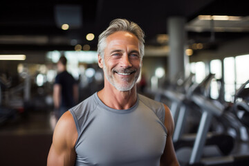 Fototapeta na wymiar Happy Senior Male Embracing Fitness at Gym