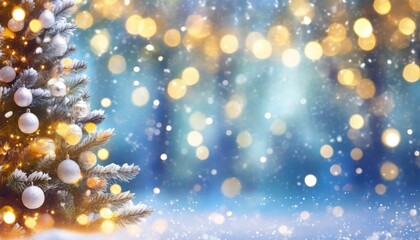 Obraz na płótnie Canvas christmas winter blurred background xmas tree with snow decorated with garland lights holiday festive background widescreen backdrop new year winter art design wide screen holiday border