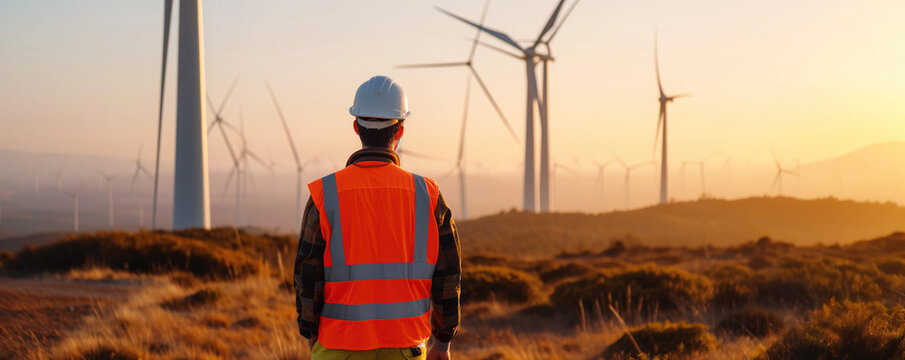 Engineer in high visibility vest near wind turbines