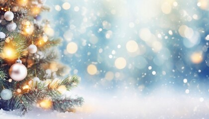 Fototapeta na wymiar christmas winter blurred background xmas tree with snow decorated with garland lights holiday festive background widescreen backdrop new year winter art design wide screen holiday border