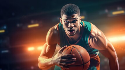 striking image of an African American basketball player with a ball on a bold black background.