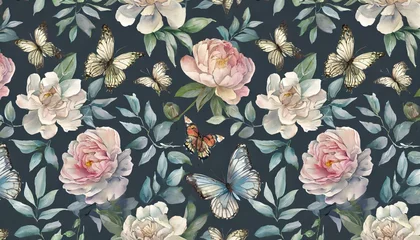 Fotobehang vintage floral pattern dark background wallpaper with delicate peonies leaves butterflies hand drawing watercolor illustration design for wallpaper paper fabric © Irene