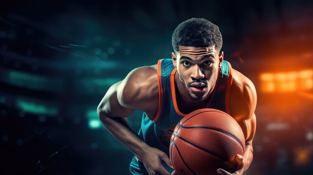 striking image of an African American basketball player with a ball on a bold black background.