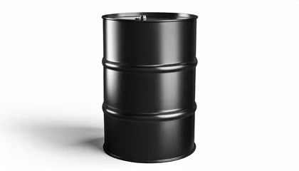 Fotobehang black round metal barrel on white background isolated close up oil drum steel keg tin canister aluminium cask petroleum storage packaging fuel container gasoline tank oil production industry © Irene