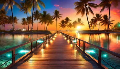 beautiful sunset beach coast colorful sky clouds sun rays over palm trees silhouette panoramic...