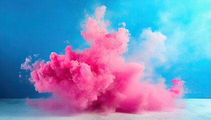 Fototapeta na wymiar puffs of pink smoke in front of a blue background stock photo in the style of bold color blobs resin juxtaposed imagery realistic hyper detail
