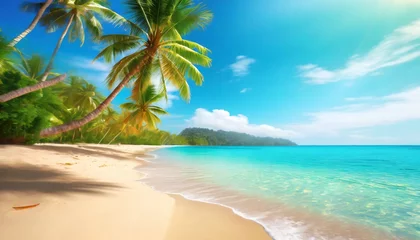 Fototapeten beautiful tropical island sea beach landscape turquoise ocean water yellow sand sun blue sky white cloud green coconut palm tree leaves paradise nature summer holidays vacation tourism travel © Irene