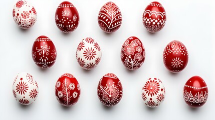 Red Easter Eggs on a white Background. Artistic Easter Template with Copy Space