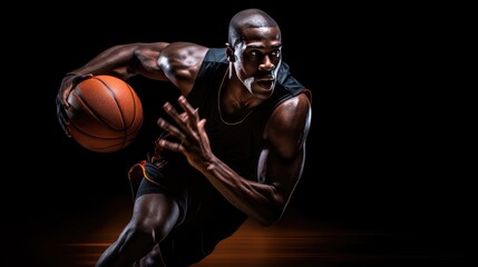 striking image of an African American basketball player with a ball on a bold black background.