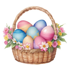 watercolor illustration, Easter basket with colored eggs, Easter sweets, delicate pastel shades, spring flowers, isolated on a white background