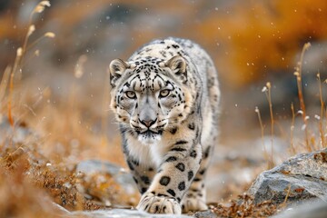 Majestic snow leopard prowling silently in the himalayan wilderness - obrazy, fototapety, plakaty