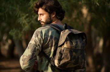 Obraz premium Happy Man smiling backpack. Summer travel. Generate Ai