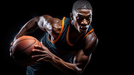 Fototapeta na wymiar striking image of an African American basketball player with a ball on a bold black background.
