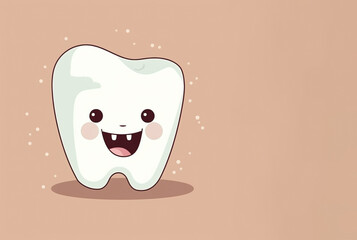 Illustration of a cheerful, healthy tooth on a background with space for text. Healthy smile