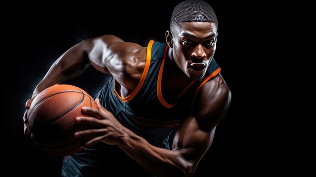 striking image of an African American basketball player with a ball on a bold black background.