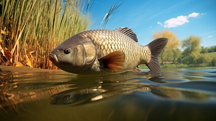 A common carp fish swimming fresh underwater photography Image