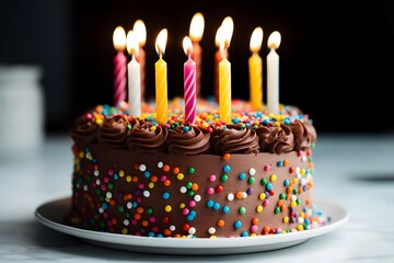 this chocolate birthday cake has colorful sprinkles and five candles, in the style of light gray and dark brown, stockphoto, bright, bold colors, mismatched patterns, smooth and shiny, pop inspo, 20 m