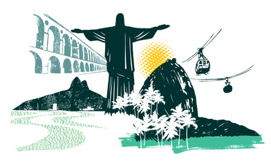 Stylized vector illustration of composition with sights of the city of Rio de Janeiro, Brazil.