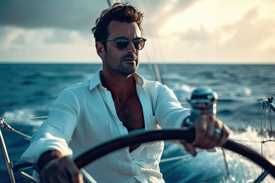 Male model embodying a nautical captain's allure Steering a yacht on open seas