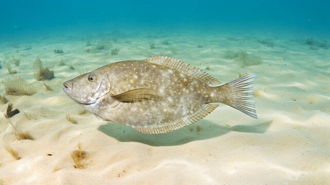 A flat mature flounder fish swimming underwater photography Image