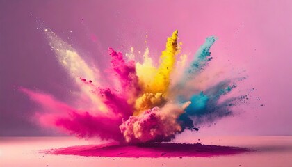 a large colorful powder is falling out of the cloud and exploding on a pink surface