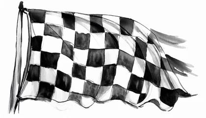 Poster closeup of art brush watercolor painting checkered black and white racing flag blown in the wind isolated on white © Irene