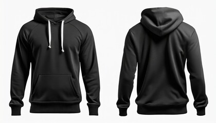 set of black front and back view tee hoodie hoody sweatshirt on background cutout png file mockup template for artwork graphic design - obrazy, fototapety, plakaty