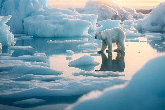 image of polar bear on ice floe with icebergs in background. , .highly detailed,   cinematic shot   photo taken by sony   incredibly detailed, sharpen details   highly realistic   professional photogr