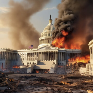 The USA capitol building on fire in washington DC