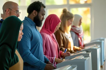 Deurstickers Group of diverse American citizens voting at polling station during USA presidential elections © thejokercze