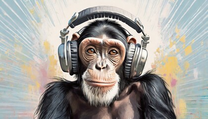chimpanzee with headphones abstract art