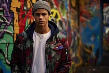 Male model in urban streetwear posing with graffiti background