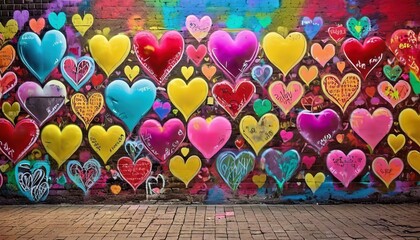 colorful hearts as graffiti love symbol on wall