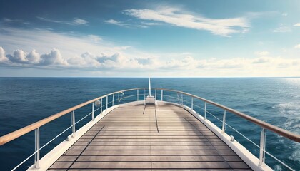 Fototapeta premium open view of a boat deck and the ocean in the style of photorealistic landscapes streamline elegance