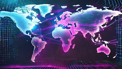 abstract map of continents globalization and geopolitics in high tech world of future 3d illustration of communications and data exchange in a virtual network bright juicy neon colors
