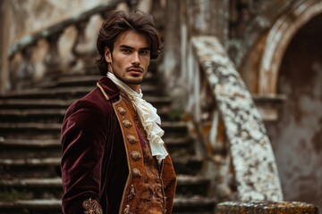 Male model with an air of aristocratic elegance In a historical european castle setting