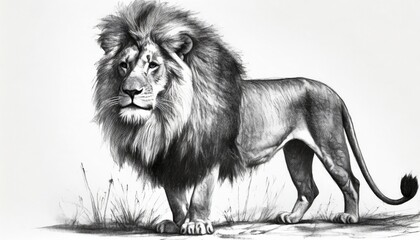 male lion with big shaggy mane illustration hand drawn pencil sketch in black isolated on white...
