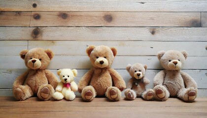 group of teddy bears on a wooden background