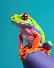 Multicoloured frog on a blue background