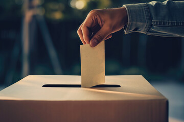 Hand drops ballot into ballot box on election day - obrazy, fototapety, plakaty