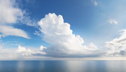 Naklejka na ściany i meble white cumulus clouds in blue sky over sea landscape big cloud above ocean water panorama horizon beautiful tropical sunny summer day seascape panoramic view cloudy weather cloudscape copy space