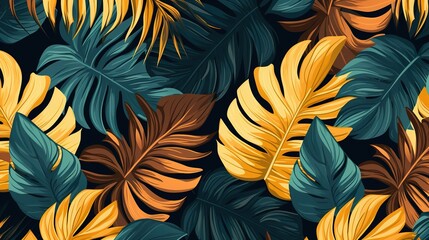 Beautiful seamless vector floral pattern background with palm tropical leaves and abstract forms. Abstract geometric texture. Perfect for wallpapers, web page backgrounds. Generative Ai