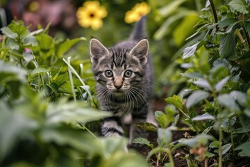 Naklejka na ściany i meble Playful kitten exploring a garden Full of curiosity