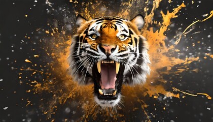 Obraz premium roaring tiger head graphic illustration with dynamic splash background