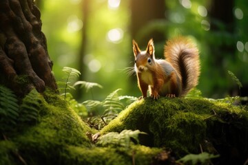Playful squirrel in a lush green forest